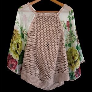 Boho Floral Sleeve Chunky Open-Knit Poncho Sweater - Pink